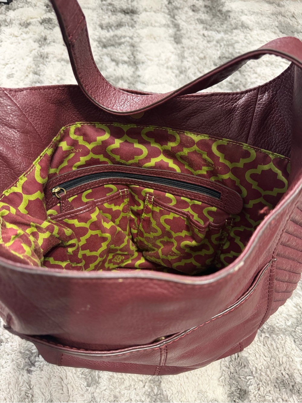 Oryany Burgundy Leather Hobo Shoulder Bag Chevron Stitch + Dust Bag - Picture 7 of 15